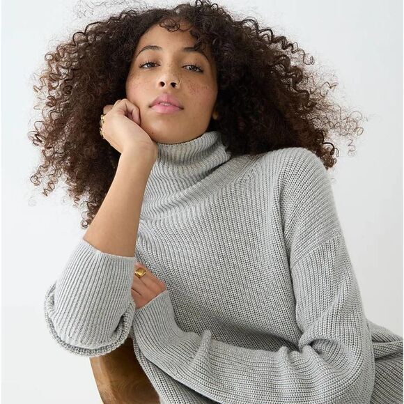NWOT J Crew Ribbed cotton-cashmere relaxed‎ turtleneck sweater, gray, XS - Picture 1 of 13